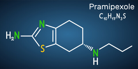 Pramipexole molecule. It is non-ergot dopamine agonist, medication used to treat Parkinson's disease. Structural chemical formula on the dark blue background.