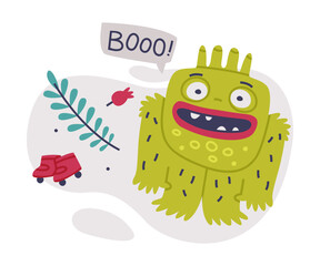 Funny Green Monster with Toothy Mouth and Fur Vector Illustration