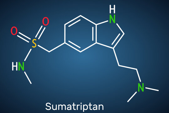 Sumatriptan molecule. It is serotonin receptor agonist used to treat migraines, headache. Structural chemical formula on the dark blue background