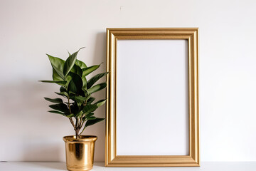 Golden empty frame with a plant, simple mock up, Generative AI