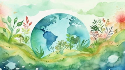 Fototapeta na wymiar A watercolor painting of the earth with plants and a green planet save the world Eco earth. Generative AI