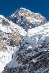 Detail of South-west wall and summit of Mount Everest. Picture taken from trail between EBC and Gorakshep