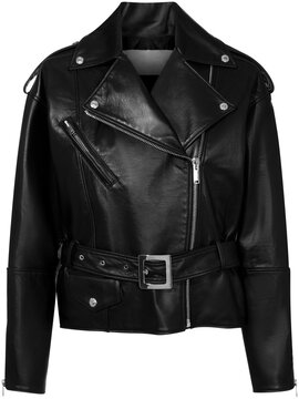 leather biker jacket with studs and zippers in black leather, isolated on transparent or white background, png, mockup		