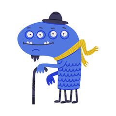 Funny Blue Monster Wearing Scarf and Hat Standing with Cane Vector Illustration