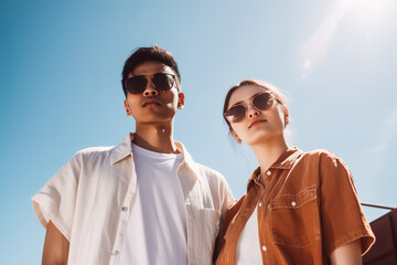 Two young people in love hugging against the setting sun. Generative ai