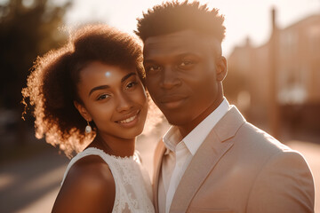 Two young people in love hugging against the setting sun. Generative ai