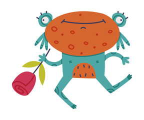 Funny Monster with Bulging Eye Holding Rose Flower Vector Illustration