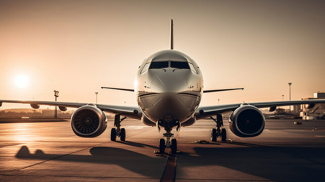 Close-up view of private jet airplane parked outside. Generative AI.