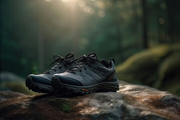 sport shoes in the forest created with Generative AI technology