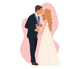 Young Kissing Couple in love, Groom in Suit and Bride in Dress. Vector flat Woman and Man at Wedding ceremony.