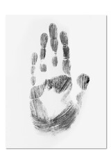 The handprint is black on a white sheet of paper..Taken to compare fingerprints.