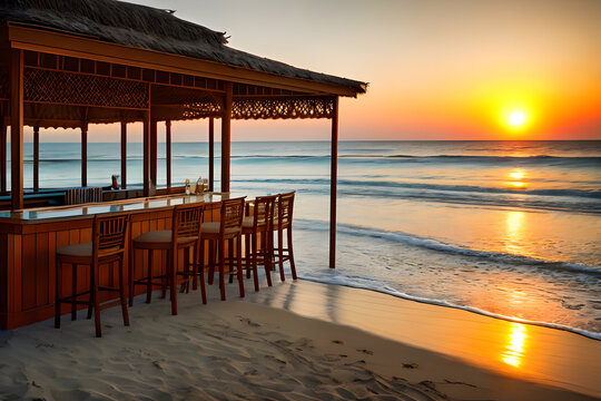 Bar on the sandy beach with the ocean or sea and palm trees as a backdrop. Ai generative.