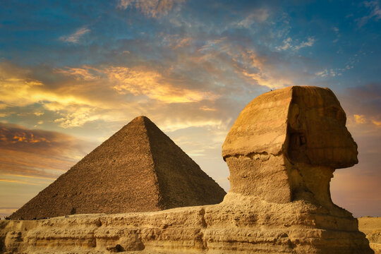 The Great Sphinx of Giza and the Pyramid of Khafreat sunset, Egypt.