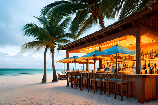 Bar on the sandy beach with the ocean or sea and palm trees as a backdrop. Ai generative.