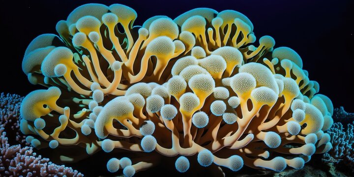 Cauliflower coral (stylophora pistillata) with hood coral (Acropora cervicornis) in the ocean. Generative AI