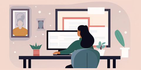 Illustration of Woman Working from Home Office. Generative ai