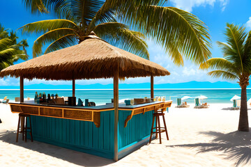 Bar on the sandy beach with the ocean or sea and palm trees as a backdrop. Ai generative.