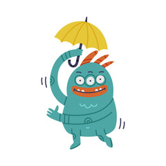 Funny Monster with Horns Holding Yellow Umbrella Vector Illustration