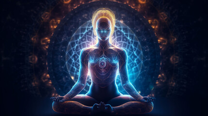 Fototapeta na wymiar Concept of meditation and spiritual practice, expanding of consciousness, chakras and astral body activation, mystical inspiration image. Generative AI.