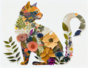 Cat Collage Design Made of Colorful Paper and Flowers. Generative ai
