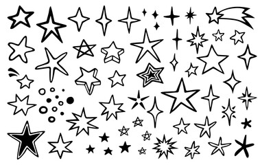 Vector set of different stars and sparkles. Hand drawn, doodle elements isolated on white background.