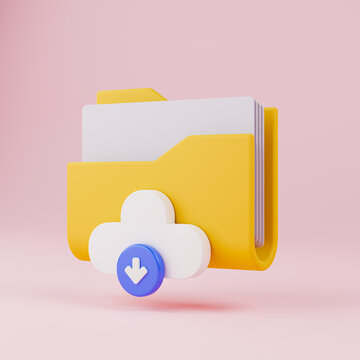 Cloud storage 3d illustration. Digital file organization service or app with data transfering. File transfer concept. 3d render on isolated solid background.