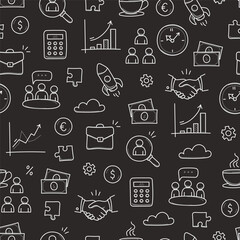 Business job icon doodle seamless pattern background. Business teamwork, office, career concept doodle line sketch style pattern with money, rocket, calculator element. Vector illustration