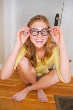 Woman Wearing Novelty Glasses, Portland, Oregon, USA