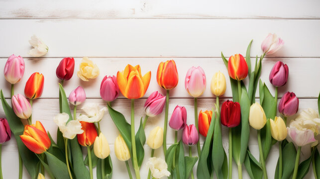 bello fondo con tulipanes y flores de colores vistos desde arriba sobre tablones madera clara. Concepto celebraciones, primavera, dia de la madre, cumpleaños, aniversarios