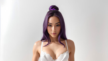 Young adult posing with white bra on empty wall with mock up. Purple, long hair. Generative AI.