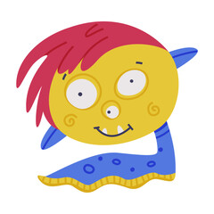 Funny Crawling Monster with Snake Tail and Hairy Head Vector Illustration