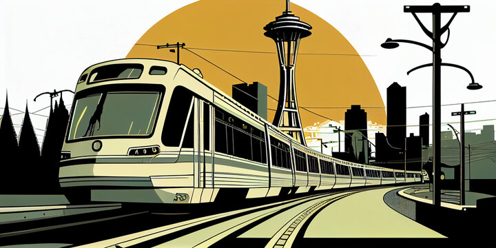 Simple Abstract Vector Inspired Illustration Of Seattle Space Needle And Monorail Train. Generative Ai