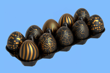 Golden and black Easter eggs in basket or tray and chocolate eggs