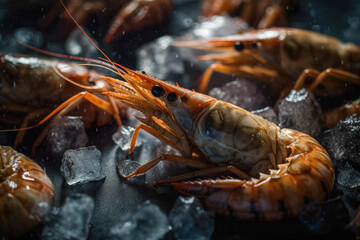 Fresh shrimp lying on crushed ice, seafood
