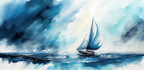 Watercolor Like Illustration of Sail Boat in Stormy Sea. Generative ai