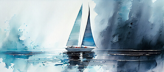 Watercolor Like Illustration of Sail Boat in Stormy Sea. Generative ai