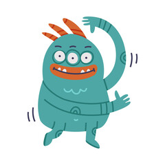 Funny Monster with Horns and Toothy Mouth Standing Vector Illustration