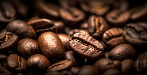 Aromatic Coffee Beans Closeup Background with Copy Space for Drink Concept