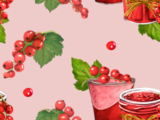 Seamless pattern with red berries and jar with jelly. Watercolor currant isolated on pink background. Hand drawn botanical illustration. Clip art berry yogurt