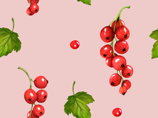 Seamless pattern with red berries. Watercolor currant isolated on pink background. Hand drawn botanical illustration. Clip art berry branches. Viva Magenta color.