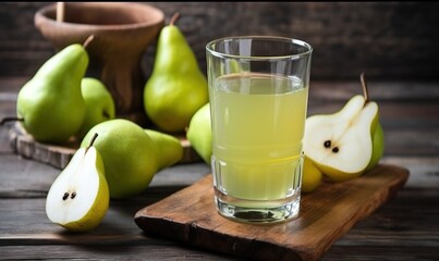  a glass of pear juice next to some pears on a cutting board.  generative ai