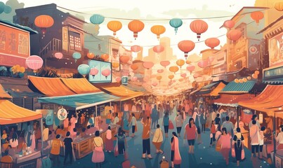  a painting of a crowded city street with people walking around.  generative ai