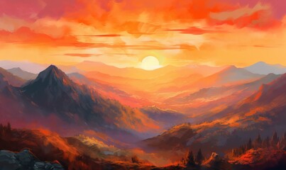  a painting of a sunset over a mountain range with trees.  generative ai