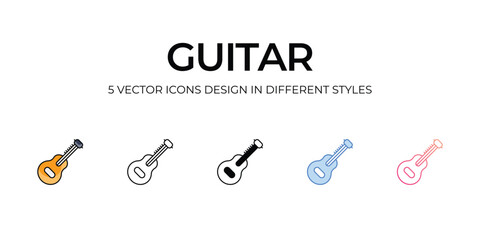 Guitar Icon Design in Five style with Editable Stroke. Line, Solid, Flat Line, Duo Tone Color, and Color Gradient Line. Suitable for Web Page, Mobile App, UI, UX and GUI design.
