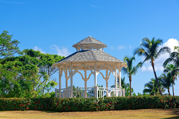 White wooden gazebo in a park with flowers and palms with copy space