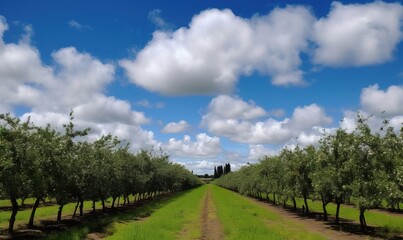  a dirt road surrounded by trees under a cloudy blue sky.  generative ai
