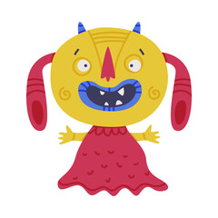 Funny Floppy-eared Monster with Horns and Toothy Mouth Standing Vector Illustration