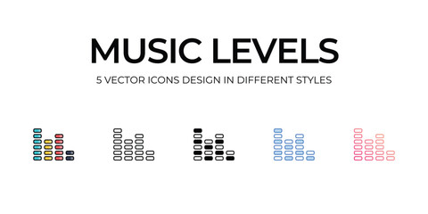 Music Levels Icon Design in Five style with Editable Stroke. Line, Solid, Flat Line, Duo Tone Color, and Color Gradient Line. Suitable for Web Page, Mobile App, UI, UX and GUI design.