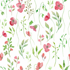 Watercolor seamless pattern with wildflowers. Hand drawing illustration isolated on white background.