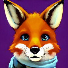 Young red fox in a scarf close-up, on a purple background, image illustration